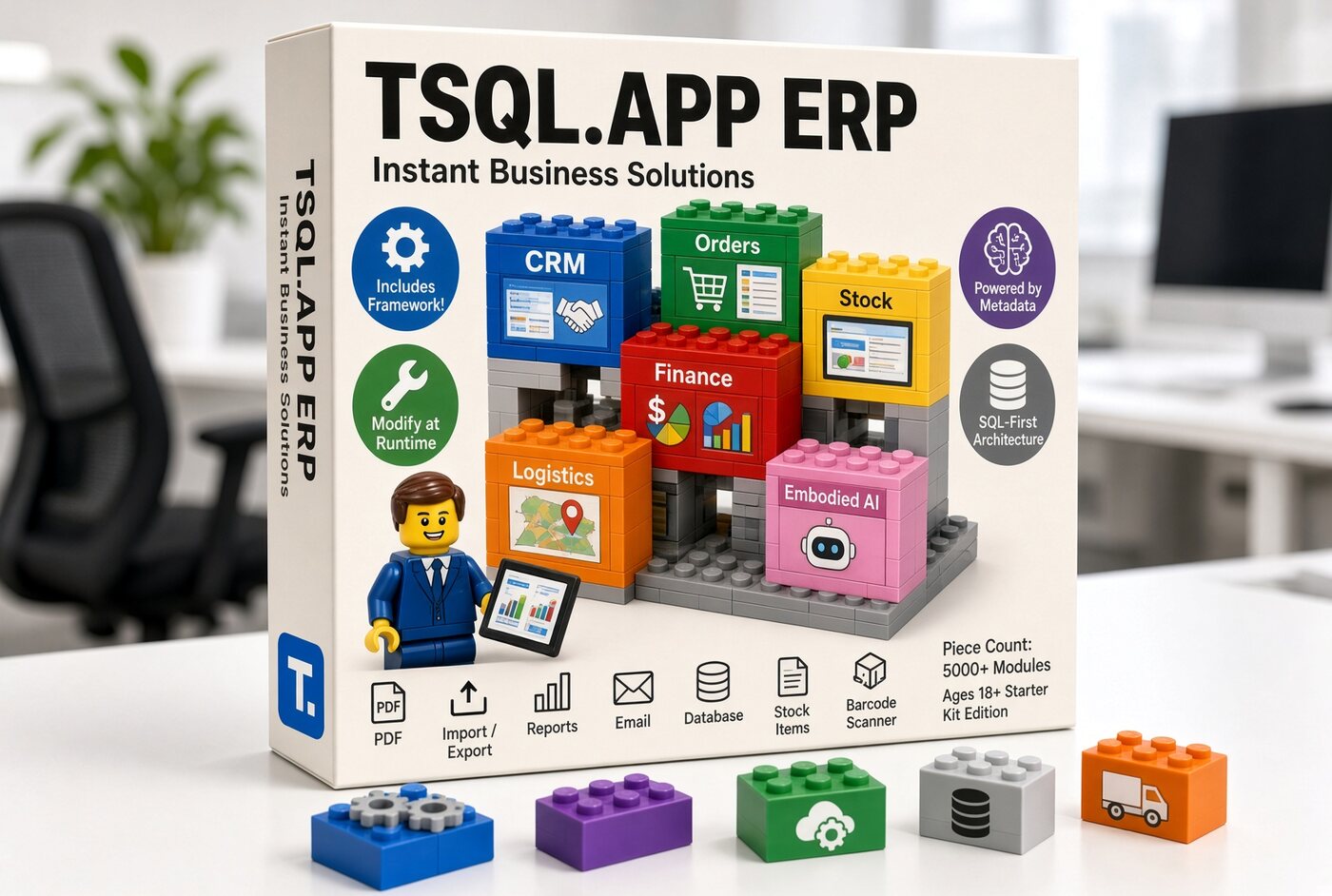 A building-block kit labelled TSQL.APP ERP, with CRM, orders, stock, finance, logistics and AI modules